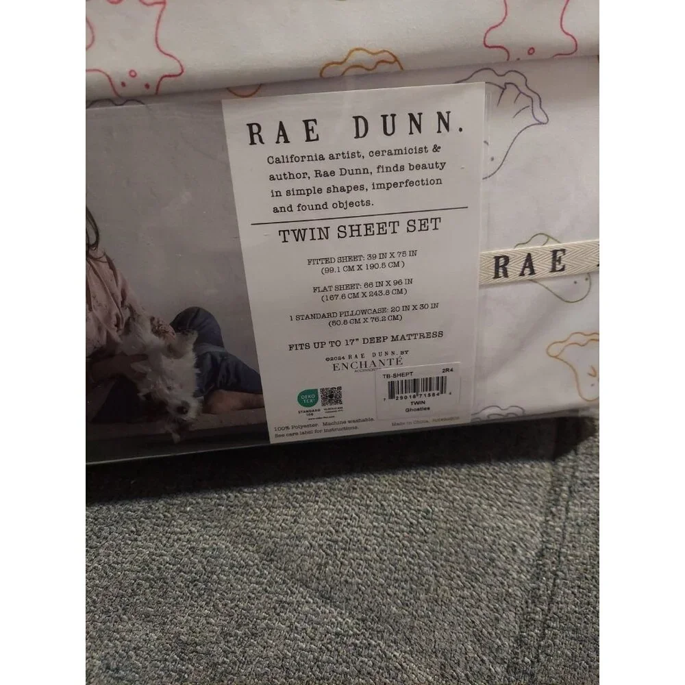 Rae Dunn Halloween‎ SPOOKY Dancing Skeleton Black Cat Twin Sized Sheet Set White